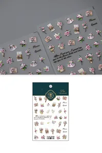 Detail of Flower Epistle nail stickers with pink roses and vintage letters design