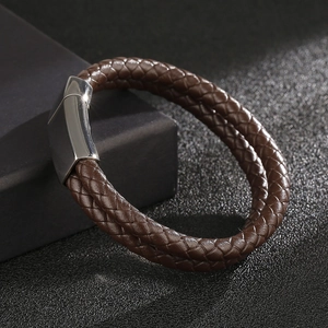 Men's double layer woven brown leather bracelet with silver polished magnetic clasp