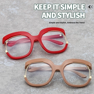 Detailed view of red and khaki Y2K fashion glasses frames with gold metal accents