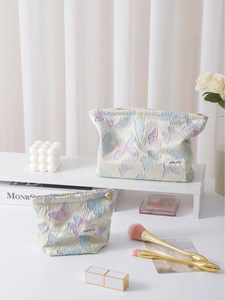 Zweiteiliges Make-up-Taschen-Set mit Schmetterlings-Jacquard-Muster in Cremeweiß und Blau