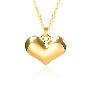 Close-up of a 3D heart pendant necklace with polished 18k gold vacuum plating finish