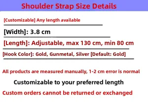 Adjustable 3.8cm wide checkerboard strap with gold hooks, lengths from 80cm to 130cm