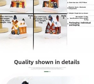 Detailed specs of glowing resin Christmas house ornaments with 9x6x11cm dimensions