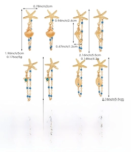 Detailed size chart of gold starfish and shell earrings with blue beads and zinc alloy