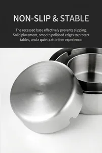 Detail of stainless steel ashtray showing anti-slip concave base and smooth polished edges