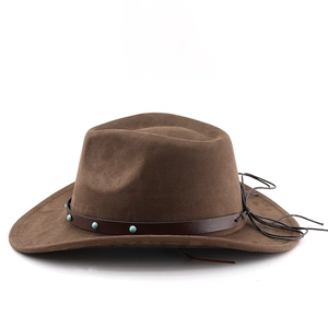 Detail of dark brown faux suede cowboy hat featuring a leather band with turquoise studs