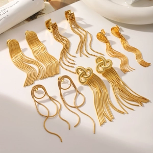 Elegant gold fringe stainless steel stud earrings with floral and heart dangle designs