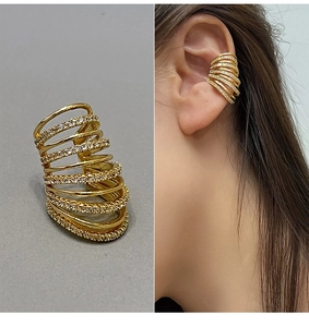 Close-up and on-model view of a gold multi-layer ear cuff with sparkling white rhinestones
