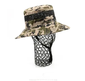 Detail view of khaki green camo boonie hat featuring breathable black mesh and chin strap