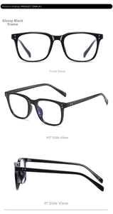 Three-angle view of glossy black TR90 square frame glasses with silver rivet accents