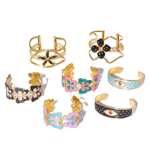 Vintage gold-plated stainless steel open bracelets with colorful enamel evil eye designs