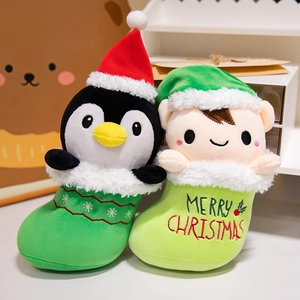 Christmas plush penguin and character dolls in stocking bases with festive embroidery