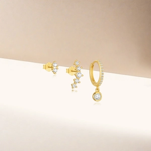 Detail of S925 sterling silver evil eye earring set with gold plating and zircons