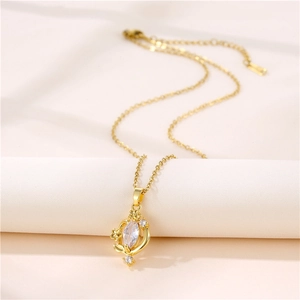 Geometric floral stainless steel necklace with leaf pendant and zircon stones