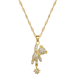 Sparkling star and bear pendant necklace in titanium steel with white zircon pavé