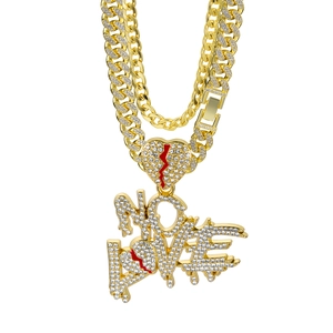 Hip-hop gold plated Cuban chain set with NO LOVE and broken heart iced-out pendants