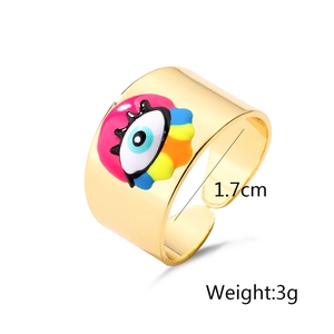 Detailed view of an 18K gold plated rainbow enamel evil eye open ring for women