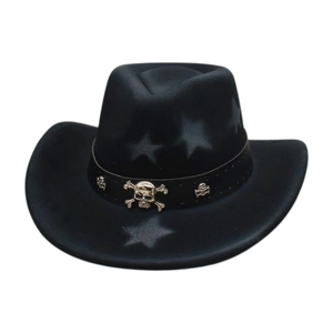 Vintage black denim cowboy hat with star pattern and punk skull metal studs decoration