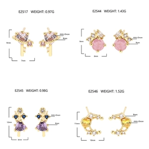 Detail specifications for brass gold earrings with pink, purple, and blue cubic zirconia