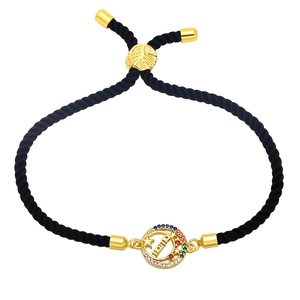 Rainbow gemstone MAMA heart charm bracelet with adjustable black braided cord and gold plating