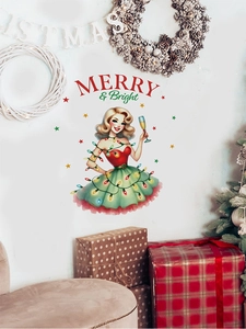Detail of vintage Christmas wall sticker featuring a retro lady with Merry & Bright text