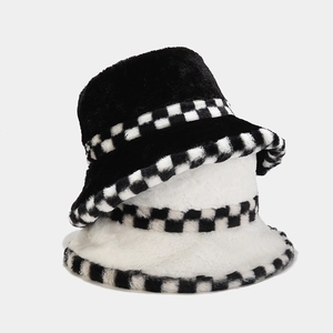 Winter plaid plush bucket hat set in black and white colors with thick faux fur material