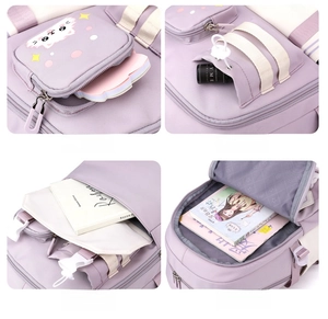 Detailed view of the purple backpack multiple compartments and cute cat pocket design