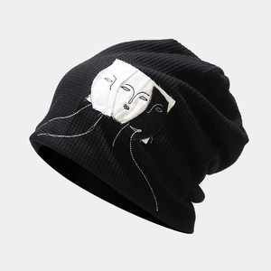 Waffle Knit Beanie Hat Abstract Face Patch Slouchy Warm Winter Cap For Women Streetwear Casual