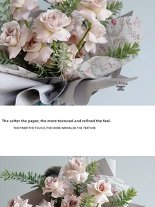 Detail of light pink floral wrapping paper with elegant typography and botanical patterns