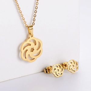 Detailed set of hollow spiral flower necklace and earrings in premium gold metal finish