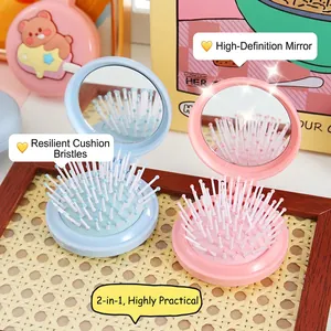 Portable 2-in-1 folding air cushion hairbrush with mirror in cute pink and blue colors