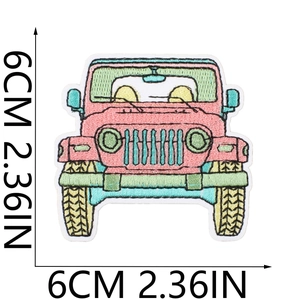 Detail showing high-quality pink off-road vehicle embroidery patch with size marking