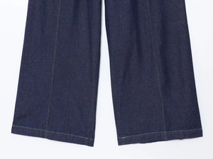 Detailed close-up of dark blue denim wide leg pants showing high-quality stitching and fabric
