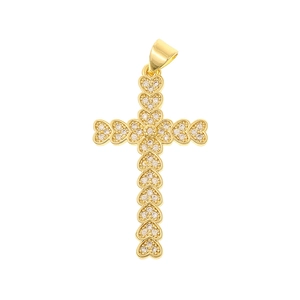 Detail of gold cross pendant featuring micro-set heart patterns with zircon stones