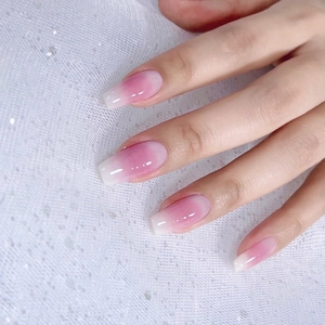 Faux Ongles à Presser Dégradé Rose Blanc Ombre Forme Cercueil Ballerine Brillant Couverture Totale Femme Manucure