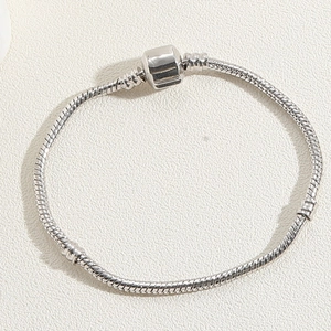 Macro shot of silver snake chain bracelet with cylindrical press clasp and threaded details