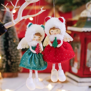 Christmas Angel Girl Plush Doll Pendant Cloth Wings Holding Mini Tree Polka Dot Dress Hanging Decoration Cute Nordic Elf