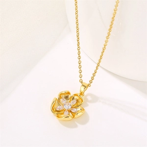 18K gold plated stainless steel flower pendant necklace with cubic zirconia micro-inlay