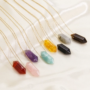 Minimalist stainless steel necklaces with hexagonal natural crystal bullet pendants in various colors