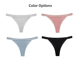 Flat lay of cotton V-cut panties showing white, pink, light blue and black color options
