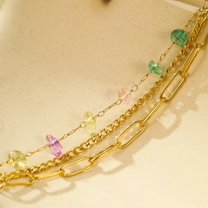 Three-layer 18K gold plated stainless steel necklace featuring colorful crystal beads