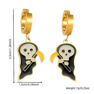 18K gold plated stainless steel Grim Reaper ghost earrings with black and white enamel detail