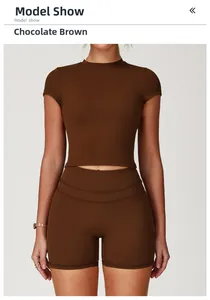 Women's chocolate brown sports set with short sleeve crop top and high waist shorts