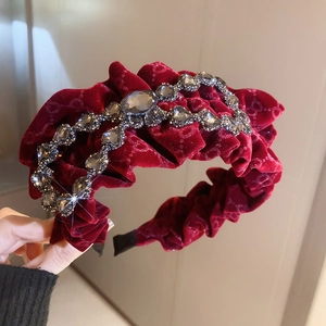 French vintage wine red velvet headband with luxurious crystal rhinestone embellishment