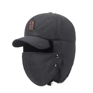 Men Winter Trapper Hat With Mask Quilted Windproof Ear Protection Faux Fur Lined Warm Outdoor Cycling Hat