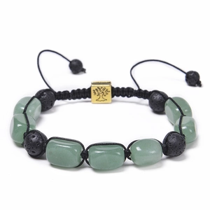 Handmade Tree of Life adjustable bracelet with green jade and black lava stone beads