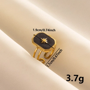 Close-up of a vintage 304 stainless steel open ring featuring a black starburst design