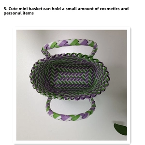 Close-up of mini woven storage basket with purple and green herringbone pattern and handles