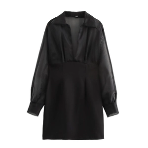 Robe Courte Sexy Femme Col En V Manches Longues Patchwork Organza Maille Bodycon Soirée Fête Noir Taille Haute Fermeture Éclair