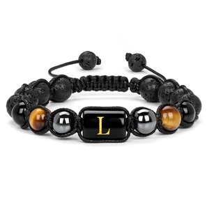 Adjustable men's beaded bracelet with letter L on volcanic stone and tiger eye beads